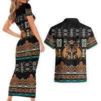 Black Batik Papua-inspired Pattern Couples Matching Short Sleeve Bodycon Dress and Hawaiian Shirt - Polynesian Pride