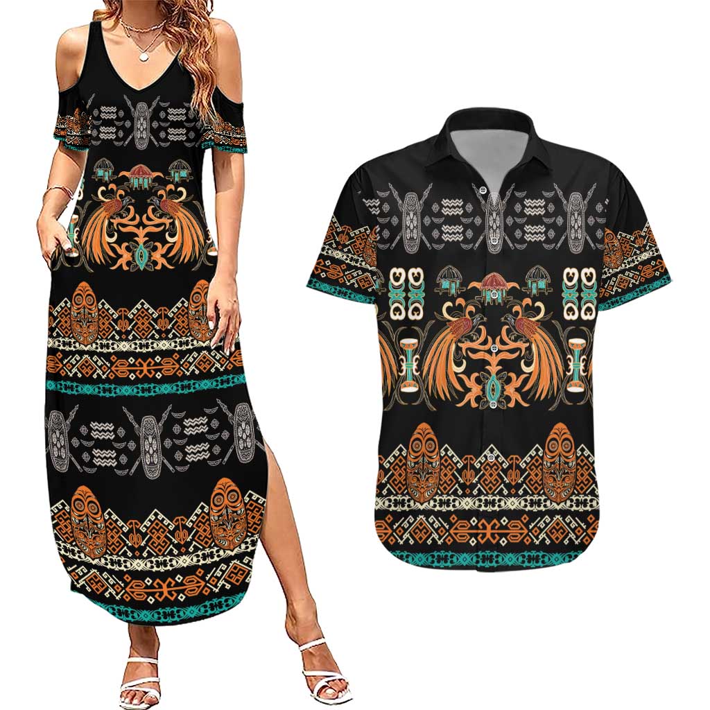 Black Batik Papua-inspired Pattern Couples Matching Summer Maxi Dress and Hawaiian Shirt - Polynesian Pride