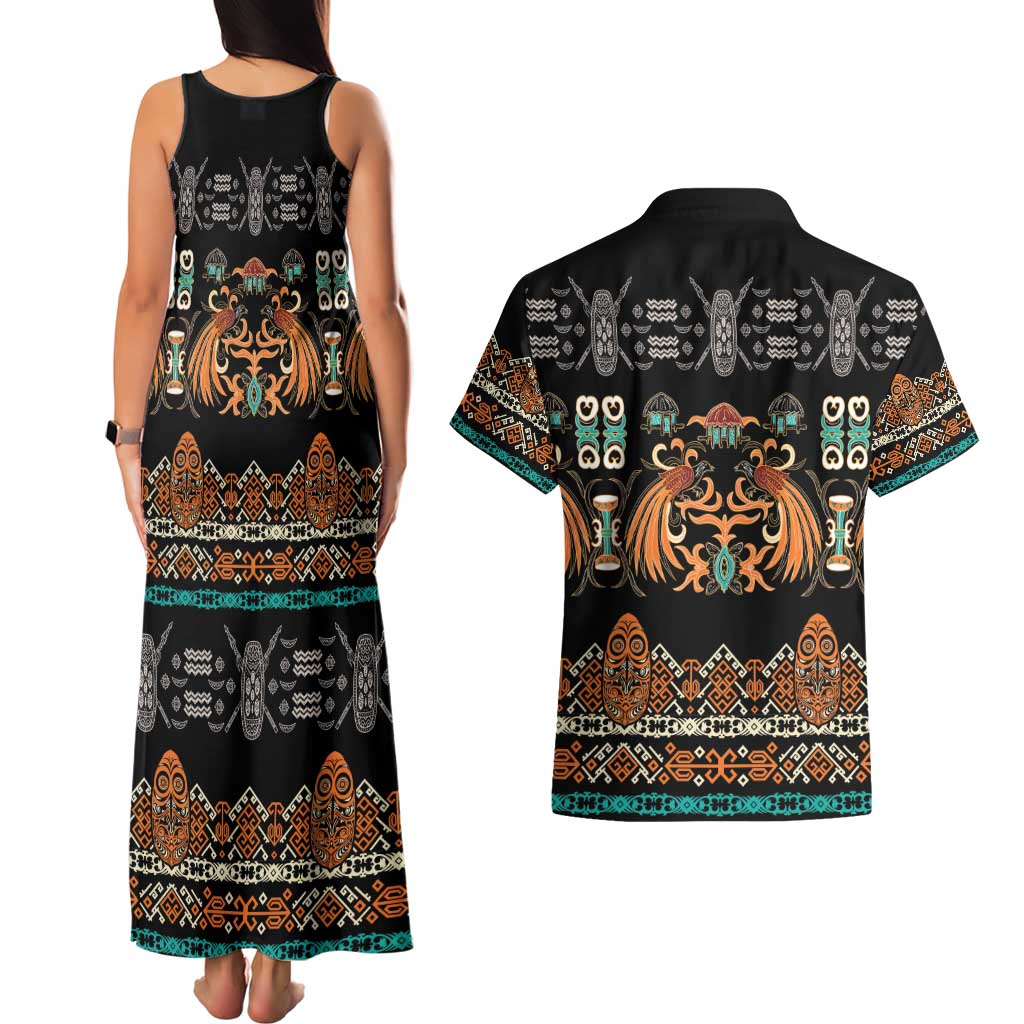 Black Batik Papua-inspired Pattern Couples Matching Tank Maxi Dress and Hawaiian Shirt - Polynesian Pride