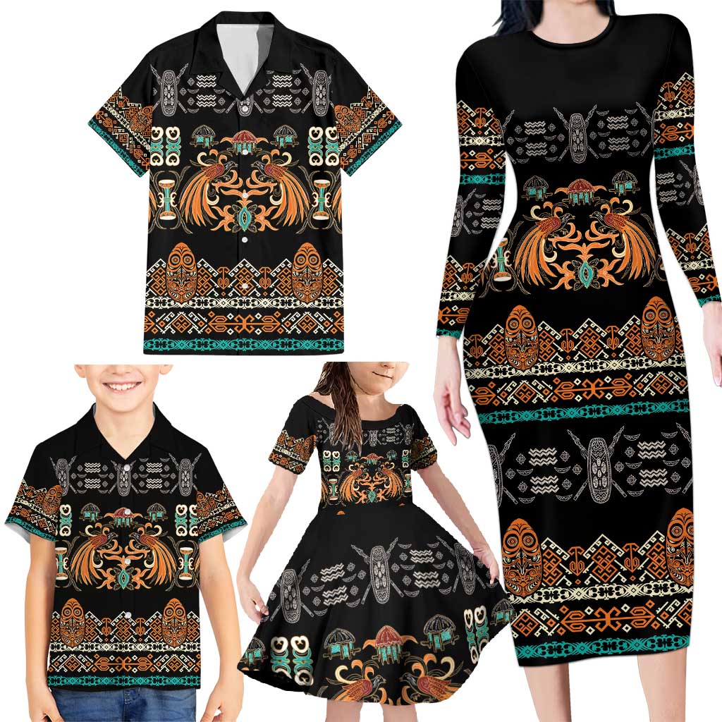 Black Batik Papua-inspired Pattern Family Matching Long Sleeve Bodycon Dress and Hawaiian Shirt - Polynesian Pride