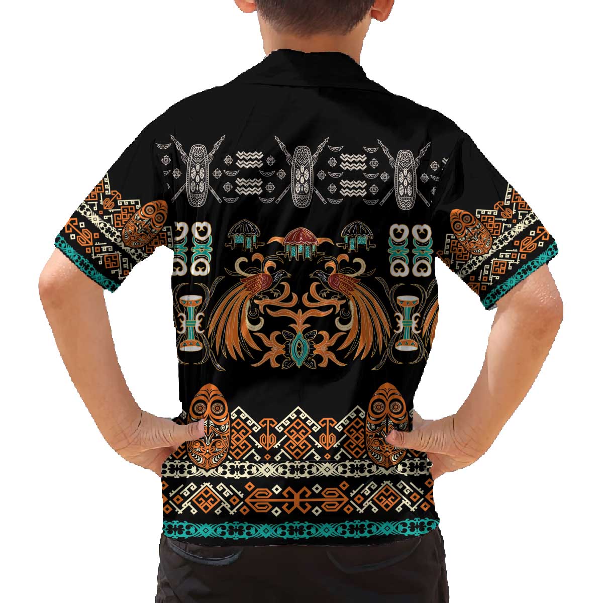 Black Batik Papua-inspired Pattern Family Matching Off The Shoulder Long Sleeve Dress and Hawaiian Shirt - Polynesian Pride