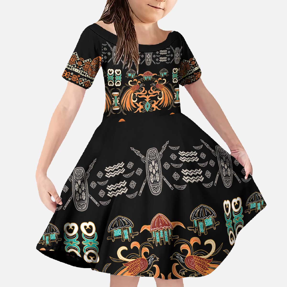 Black Batik Papua-inspired Pattern Family Matching Off The Shoulder Long Sleeve Dress and Hawaiian Shirt - Polynesian Pride
