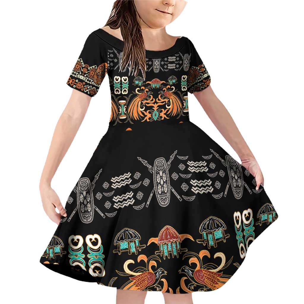 Black Batik Papua-inspired Pattern Family Matching Off Shoulder Short Dress and Hawaiian Shirt - Polynesian Pride