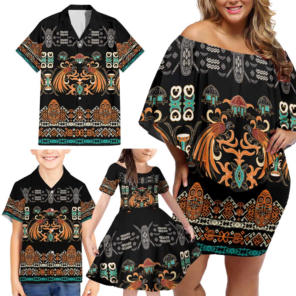 Black Batik Papua-inspired Pattern Family Matching Off Shoulder Short Dress and Hawaiian Shirt - Polynesian Pride