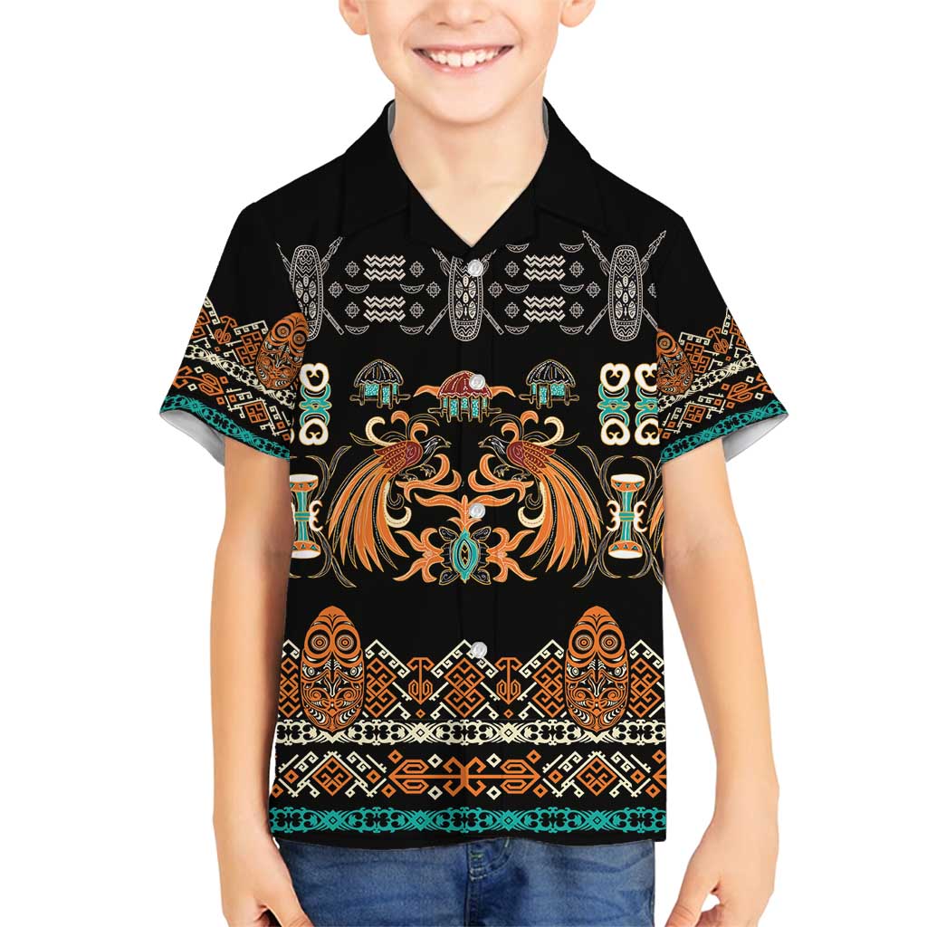Black Batik Papua-inspired Pattern Family Matching Off Shoulder Short Dress and Hawaiian Shirt - Polynesian Pride