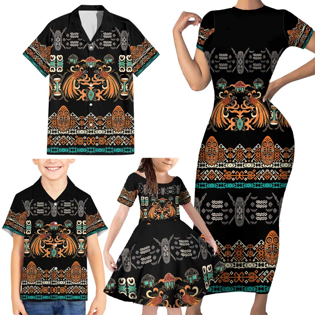 Black Batik Papua-inspired Pattern Family Matching Short Sleeve Bodycon Dress and Hawaiian Shirt - Polynesian Pride