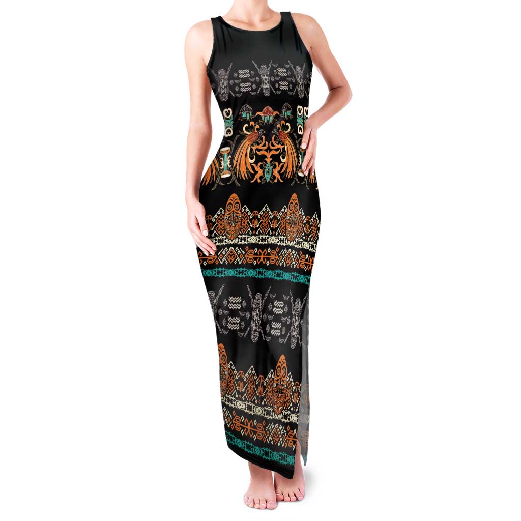 Black Batik Papua-inspired Pattern Family Matching Tank Maxi Dress and Hawaiian Shirt - Polynesian Pride