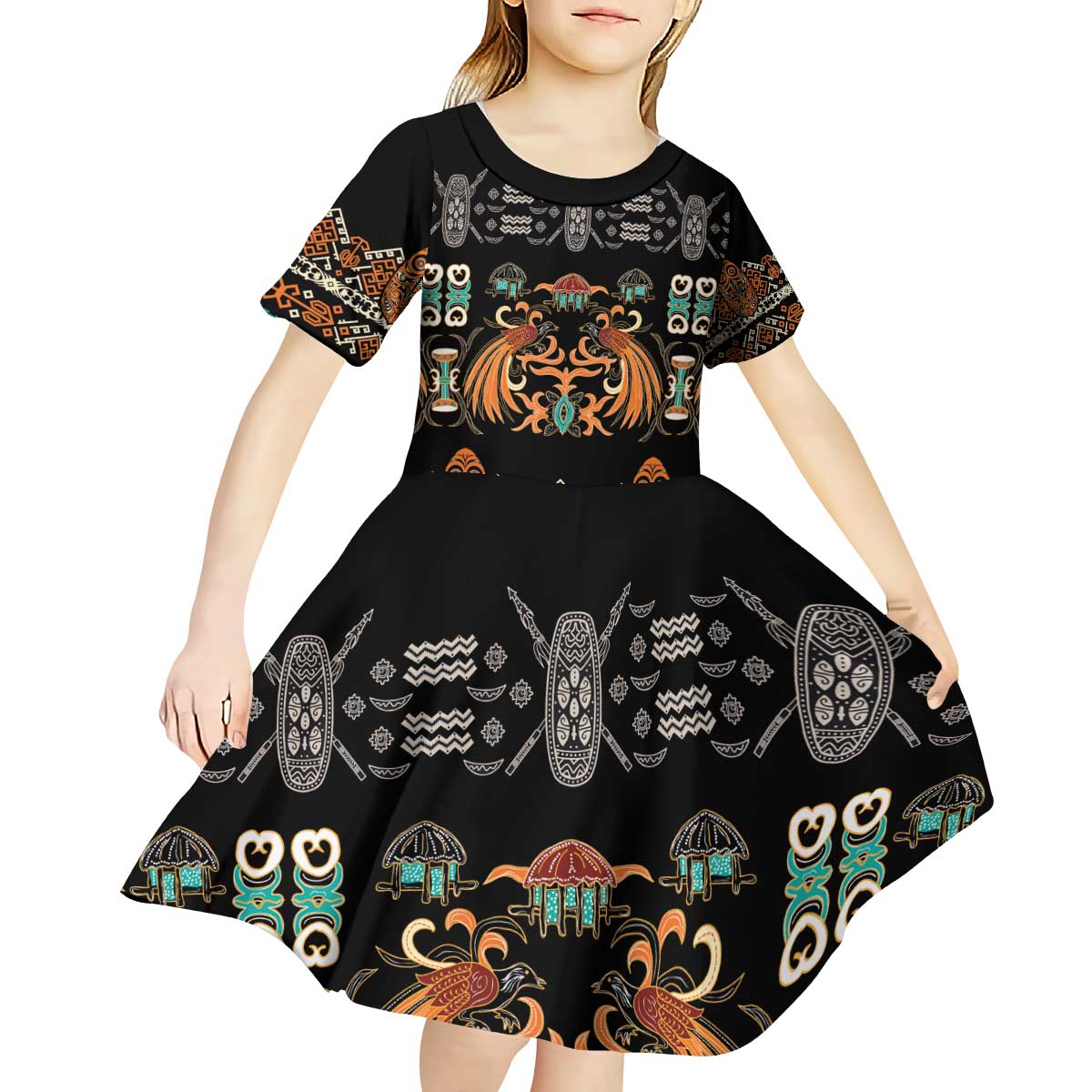 Black Batik Papua-inspired Pattern Kid Short Sleeve Dress - Polynesian Pride