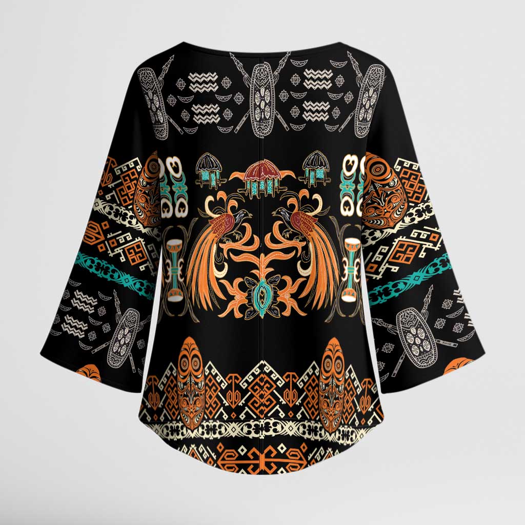 Black Batik Papua-inspired Pattern Kimono Sleeve Blouse LT9 - Polynesian Pride