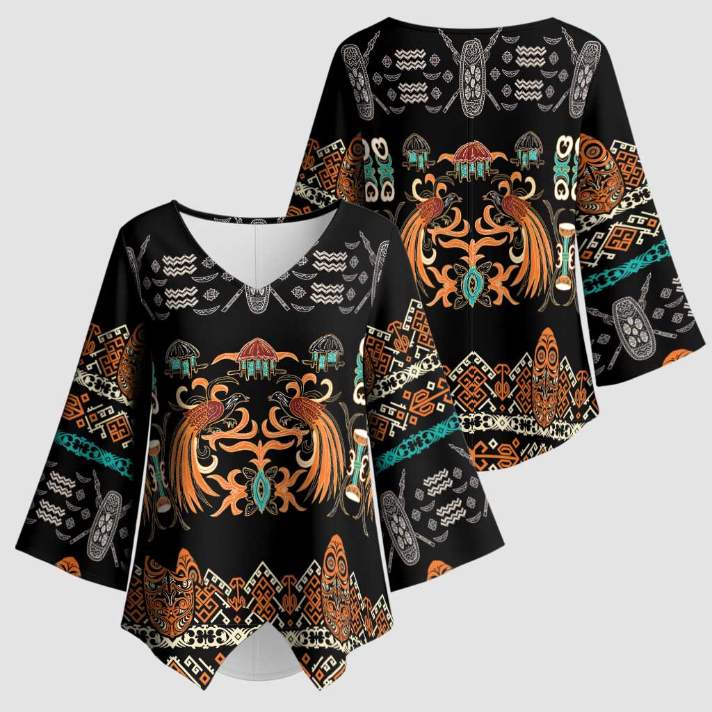 Black Batik Papua-inspired Pattern Kimono Sleeve Blouse LT9 - Polynesian Pride