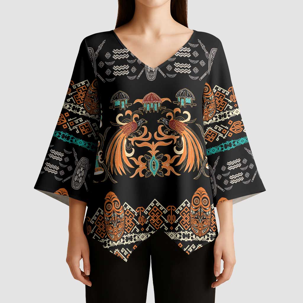 Black Batik Papua-inspired Pattern Kimono Sleeve Blouse LT9 - Polynesian Pride