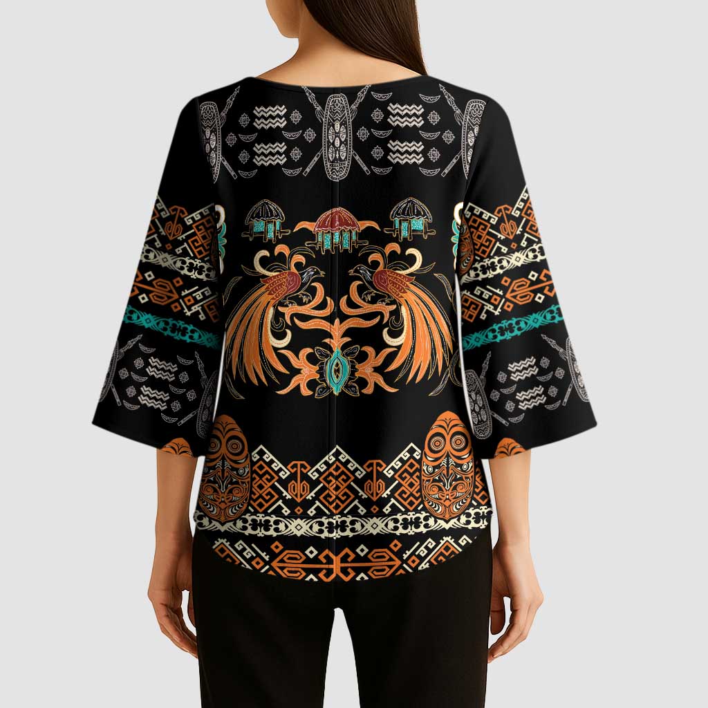 Black Batik Papua-inspired Pattern Kimono Sleeve Blouse LT9 - Polynesian Pride