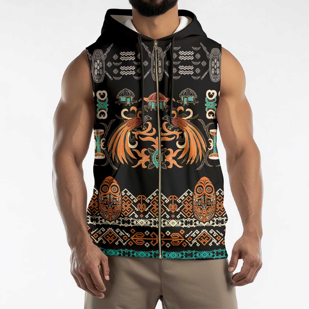 Black Batik Papua-inspired Pattern Sleeveless Zip Hoodie - Polynesian Pride