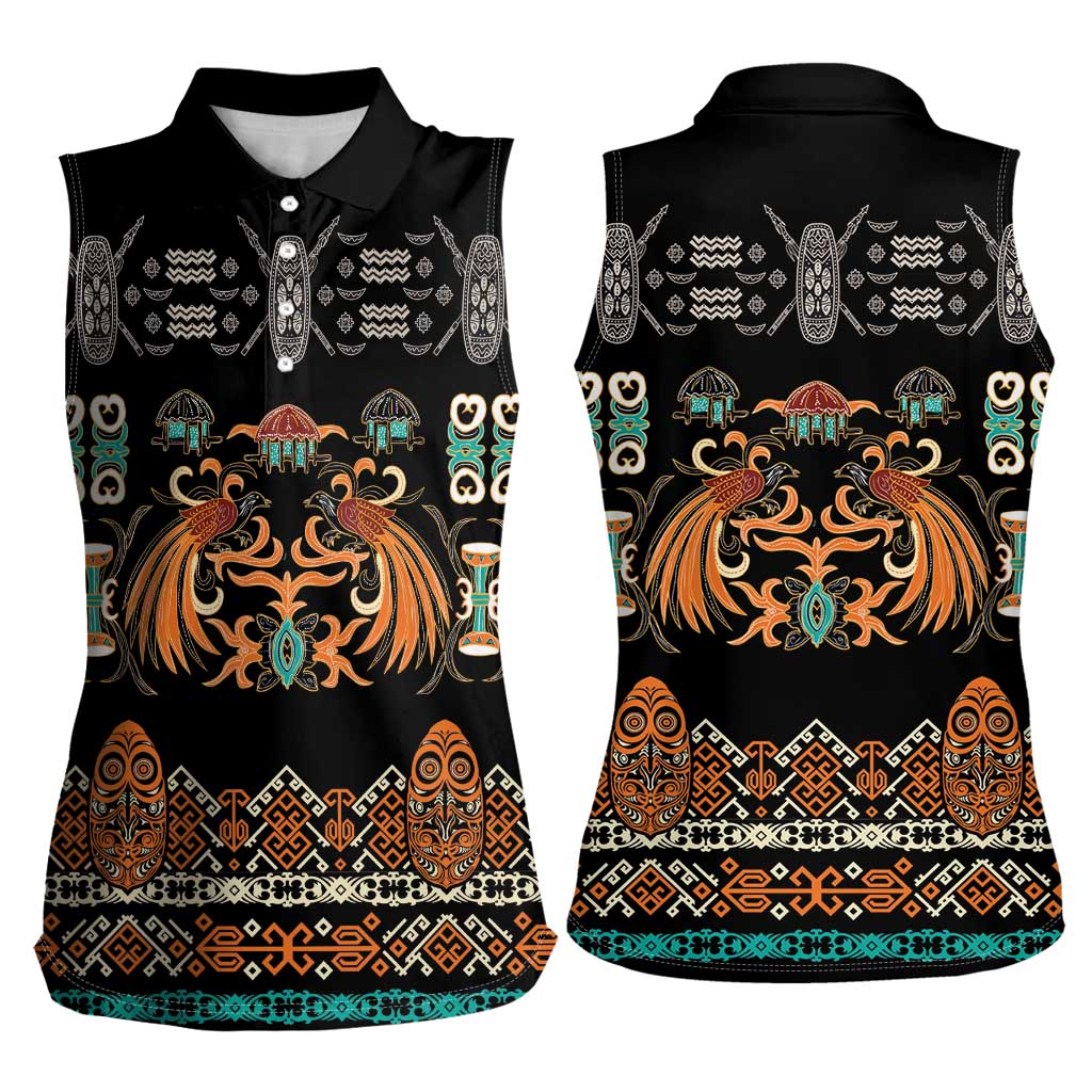 Black Batik Papua-inspired Pattern Women Sleeveless Polo Shirt LT9 - Polynesian Pride