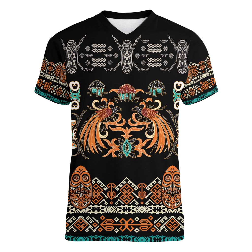 Black Batik Papua-inspired Pattern Women V-Neck T-Shirt - Polynesian Pride