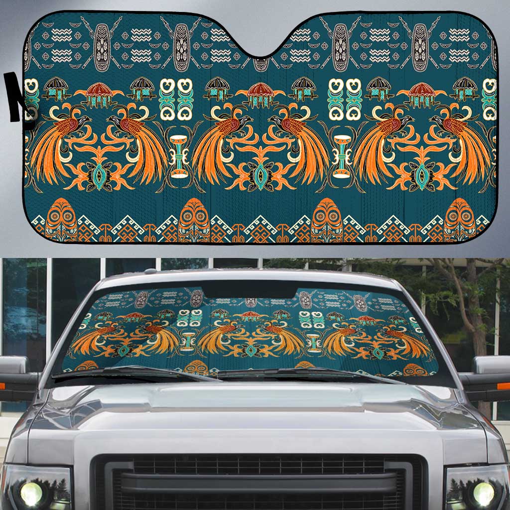 Dark Cyan Blue Batik Papua-inspired Pattern Auto Sun Shade - Polynesian Pride