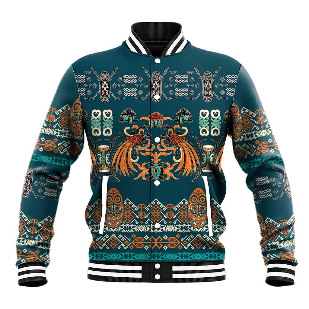 Dark Cyan Blue Batik Papua-inspired Pattern Baseball Jacket LT9 Unisex Blue - Polynesian Pride