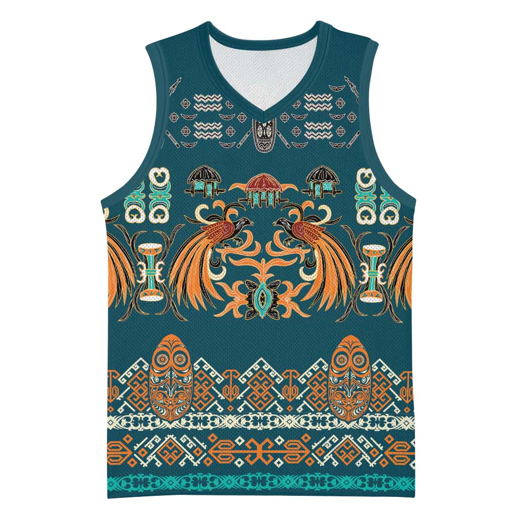 Dark Cyan Blue Batik Papua-inspired Pattern Basketball Jersey - Polynesian Pride