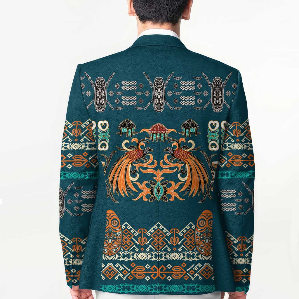 Dark Cyan Blue Batik Papua-inspired Pattern Blazer - Polynesian Pride