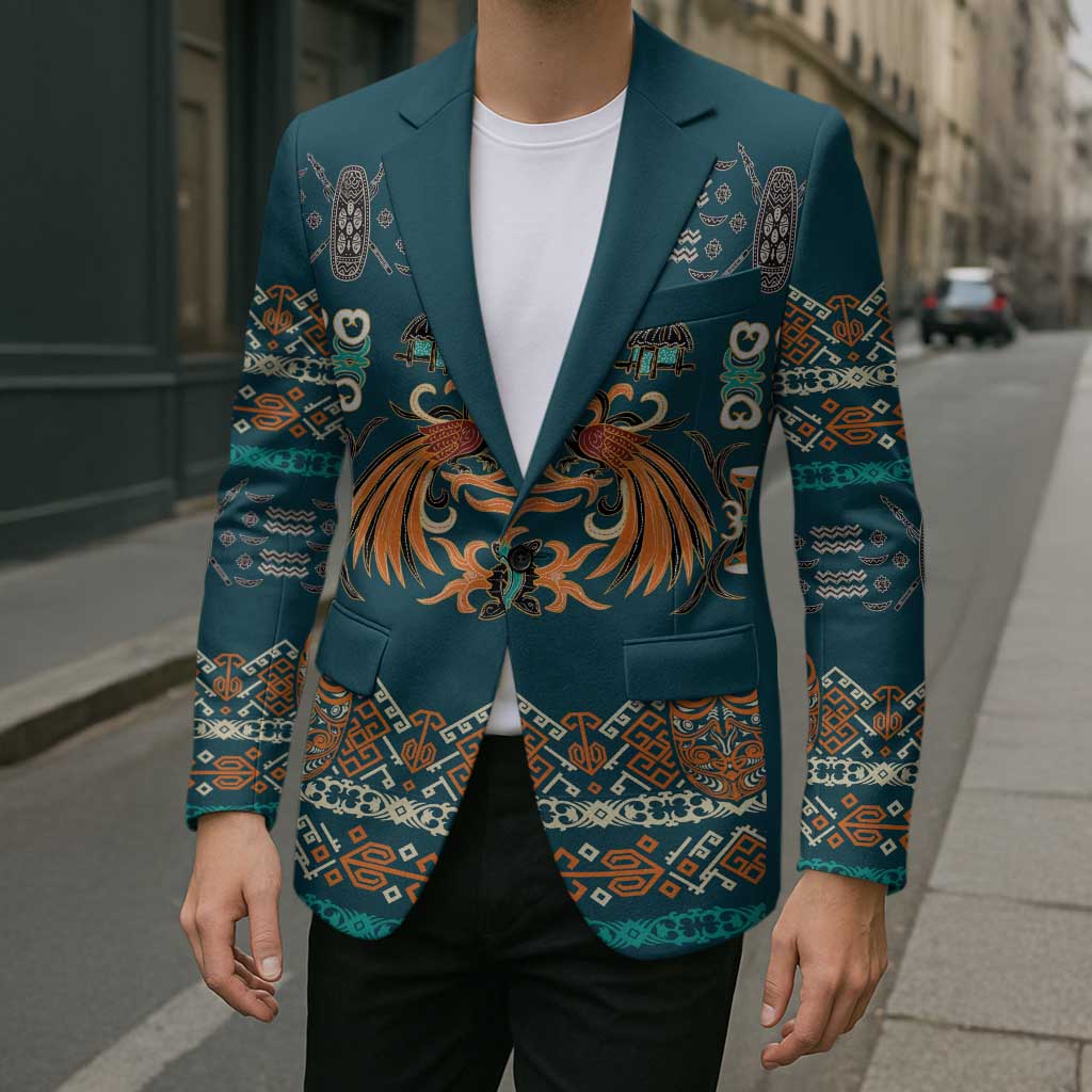 Dark Cyan Blue Batik Papua-inspired Pattern Blazer - Polynesian Pride