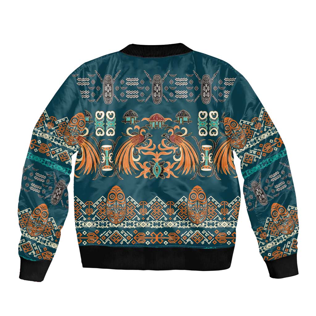 Dark Cyan Blue Batik Papua-inspired Pattern Bomber Jacket - Polynesian Pride
