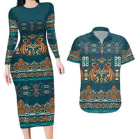 Dark Cyan Blue Batik Papua-inspired Pattern Couples Matching Long Sleeve Bodycon Dress and Hawaiian Shirt - Polynesian Pride