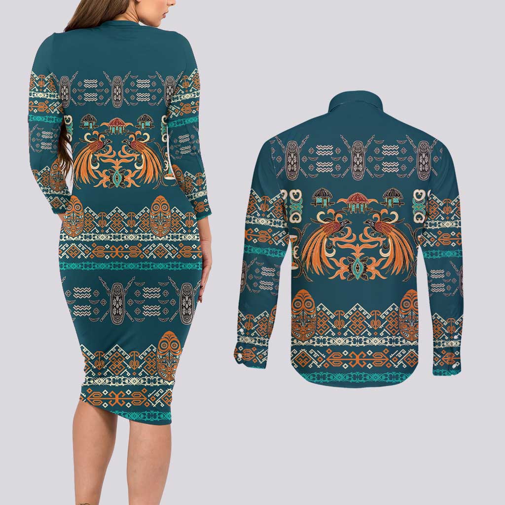 Dark Cyan Blue Batik Papua-inspired Pattern Couples Matching Long Sleeve Bodycon Dress and Long Sleeve Button Shirt - Polynesian Pride