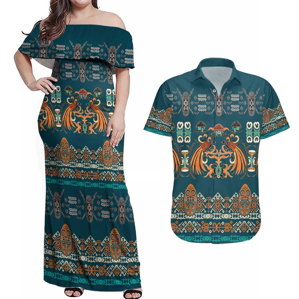 Dark Cyan Blue Batik Papua-inspired Pattern Couples Matching Off Shoulder Maxi Dress and Hawaiian Shirt - Polynesian Pride