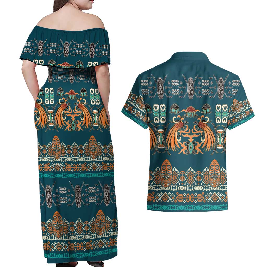 Dark Cyan Blue Batik Papua-inspired Pattern Couples Matching Off Shoulder Maxi Dress and Hawaiian Shirt - Polynesian Pride