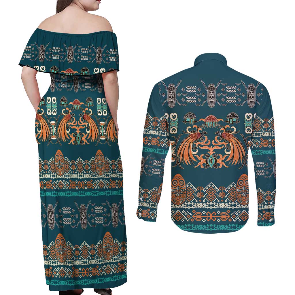 Dark Cyan Blue Batik Papua-inspired Pattern Couples Matching Off Shoulder Maxi Dress and Long Sleeve Button Shirt LT9 - Polynesian Pride