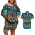 Dark Cyan Blue Batik Papua-inspired Pattern Couples Matching Off Shoulder Short Dress and Hawaiian Shirt - Polynesian Pride