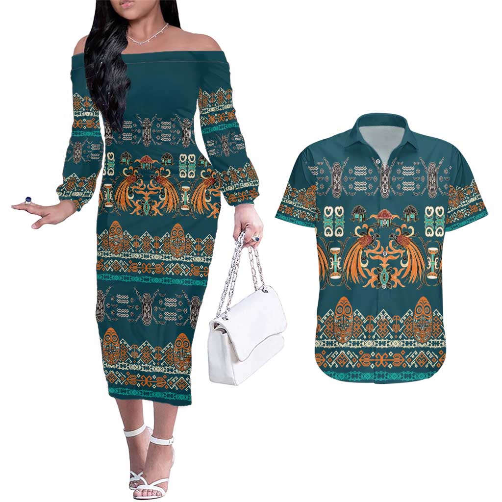 Dark Cyan Blue Batik Papua-inspired Pattern Couples Matching Off The Shoulder Long Sleeve Dress and Hawaiian Shirt - Polynesian Pride