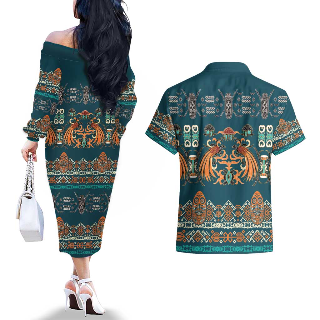 Dark Cyan Blue Batik Papua-inspired Pattern Couples Matching Off The Shoulder Long Sleeve Dress and Hawaiian Shirt - Polynesian Pride