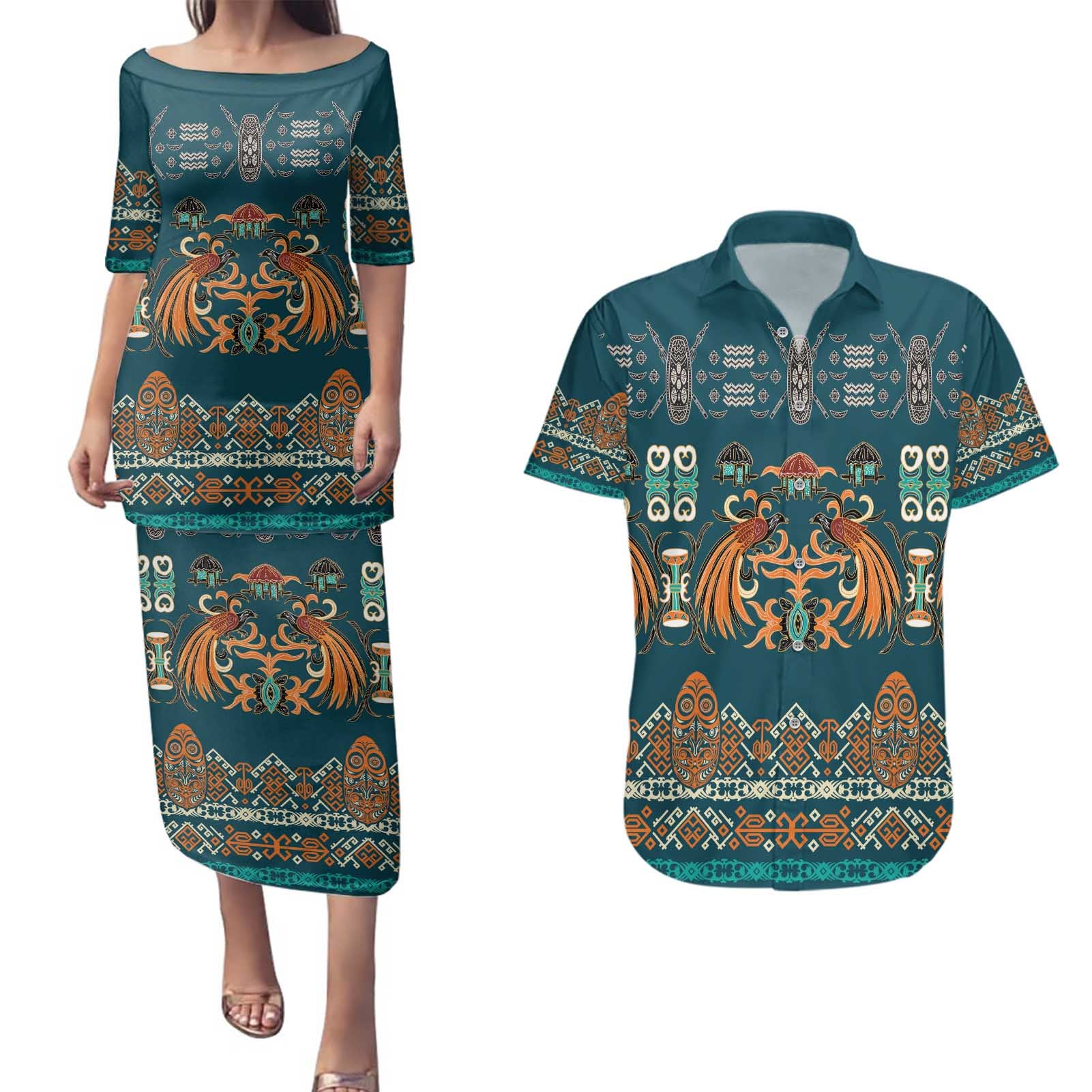 Dark Cyan Blue Batik Papua-inspired Pattern Couples Matching Puletasi and Hawaiian Shirt - Polynesian Pride
