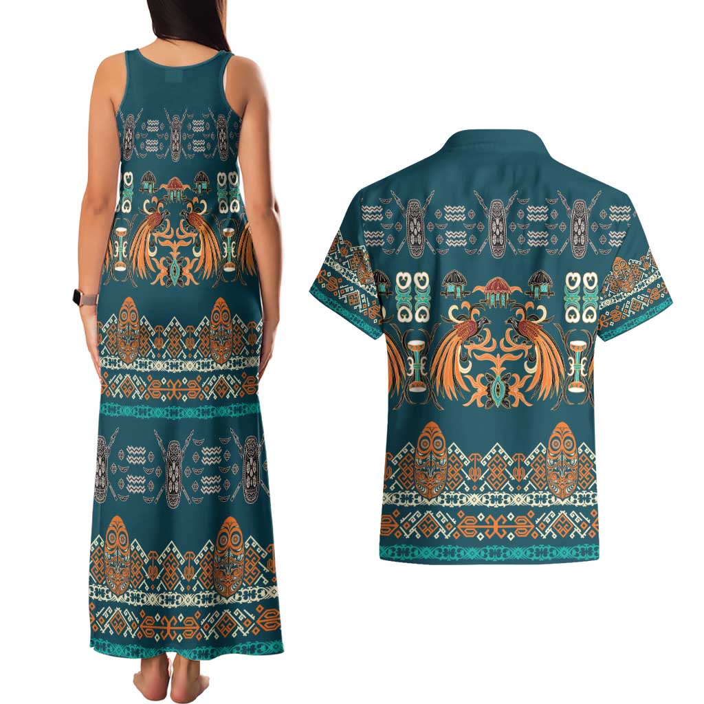 Dark Cyan Blue Batik Papua-inspired Pattern Couples Matching Tank Maxi Dress and Hawaiian Shirt - Polynesian Pride