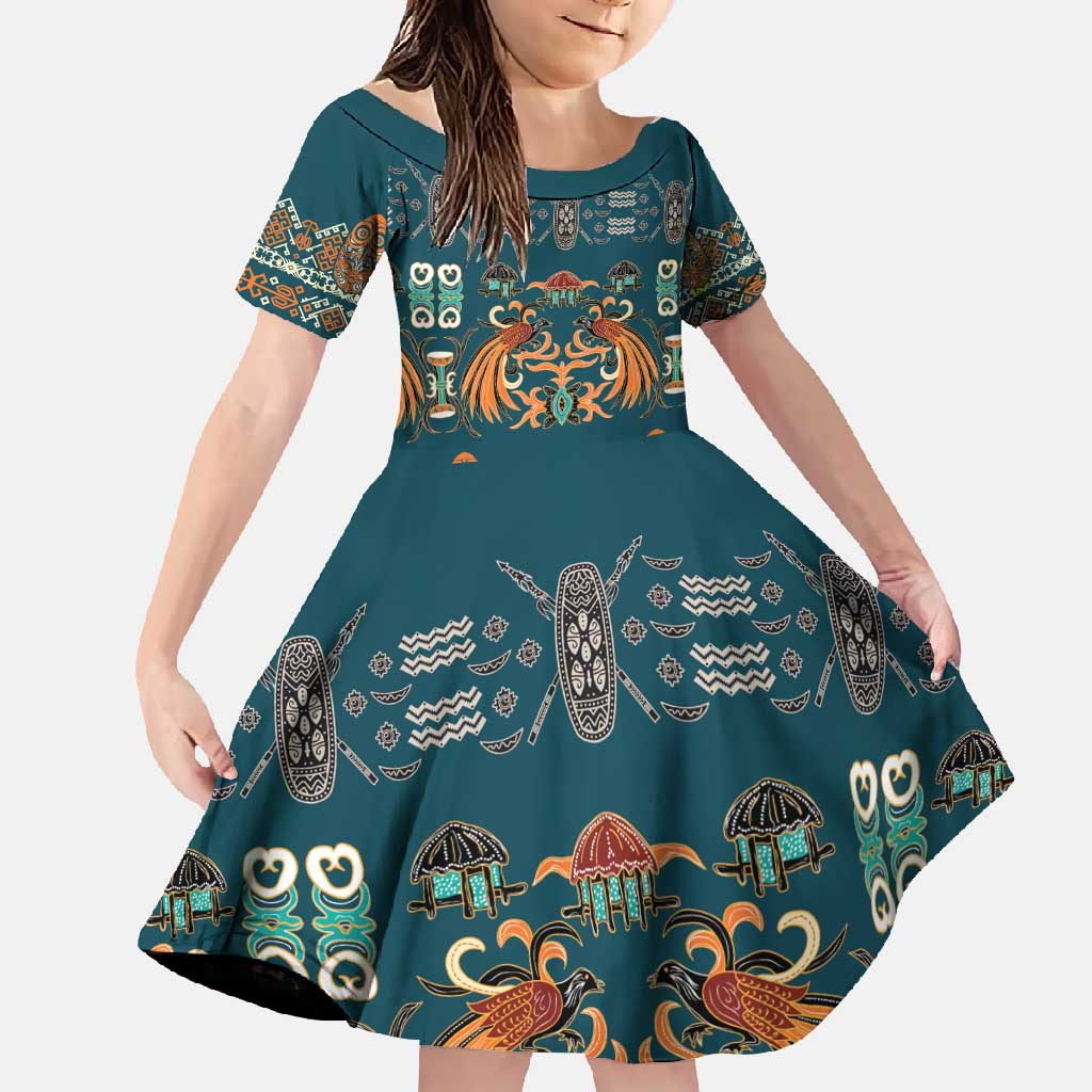 Dark Cyan Blue Batik Papua-inspired Pattern Family Matching Long Sleeve Bodycon Dress and Hawaiian Shirt LT9 Daughter's Dress Blue - Polynesian Pride