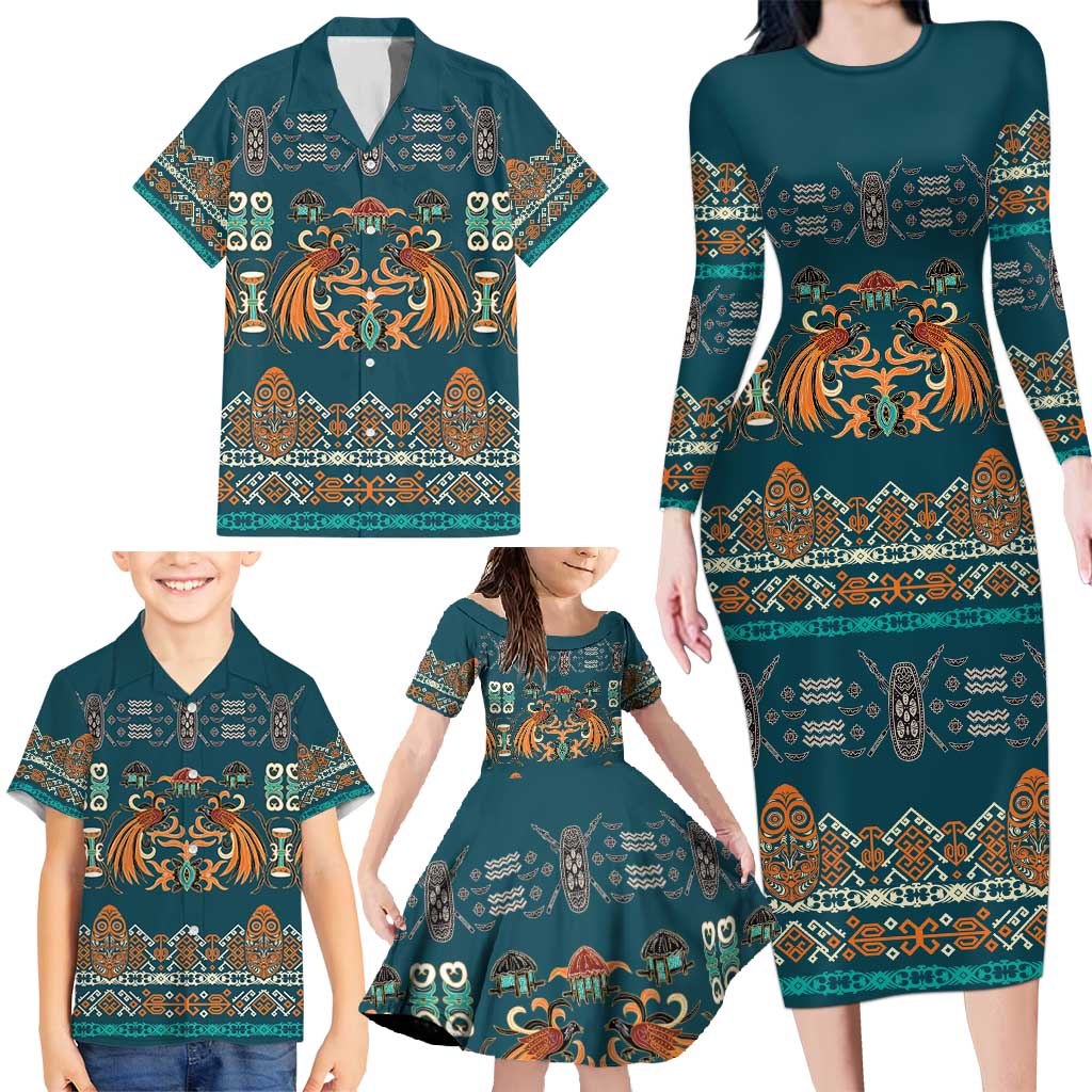 Dark Cyan Blue Batik Papua-inspired Pattern Family Matching Long Sleeve Bodycon Dress and Hawaiian Shirt LT9 - Polynesian Pride