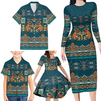 Dark Cyan Blue Batik Papua-inspired Pattern Family Matching Long Sleeve Bodycon Dress and Hawaiian Shirt LT9 - Polynesian Pride