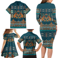 Dark Cyan Blue Batik Papua-inspired Pattern Family Matching Long Sleeve Bodycon Dress and Hawaiian Shirt LT9 - Polynesian Pride