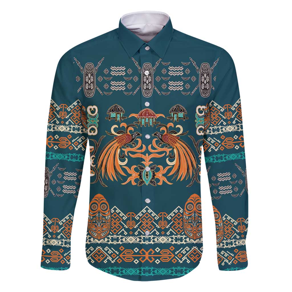 Dark Cyan Blue Batik Papua-inspired Pattern Family Matching Long Sleeve Bodycon Dress and Hawaiian Shirt LT9 Dad's Shirt - Long Sleeve Blue - Polynesian Pride