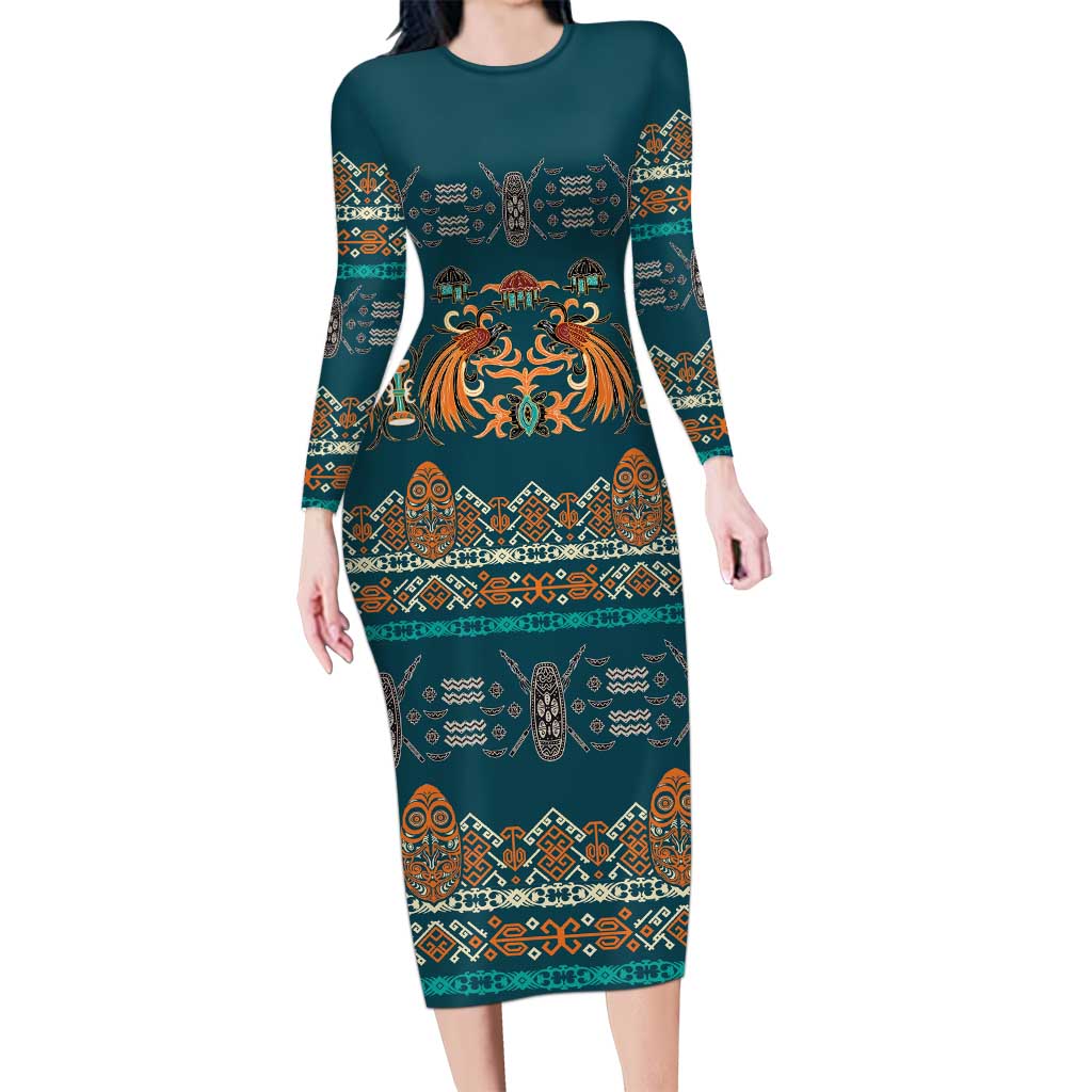 Dark Cyan Blue Batik Papua-inspired Pattern Family Matching Long Sleeve Bodycon Dress and Hawaiian Shirt LT9 Mom's Dress Blue - Polynesian Pride