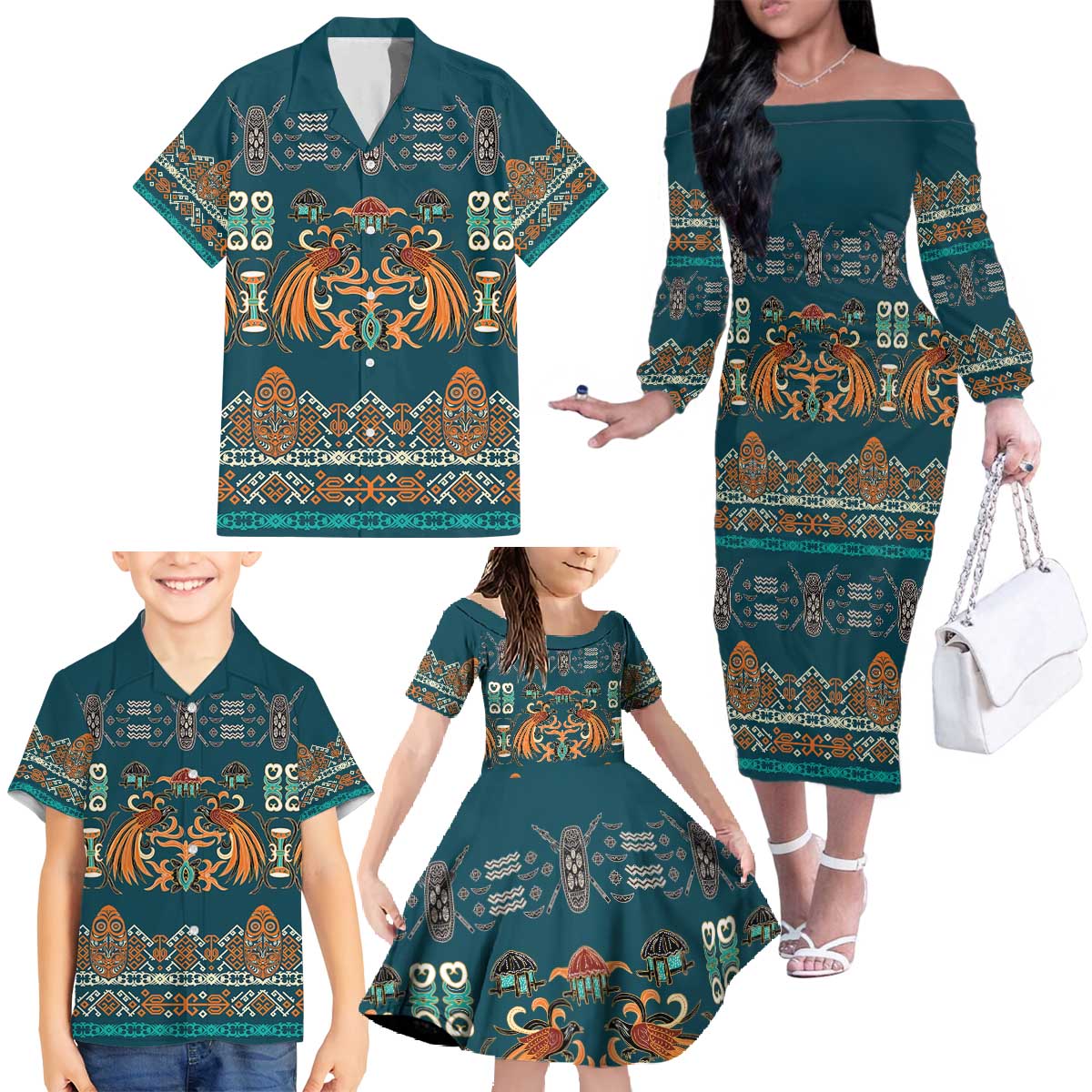 Dark Cyan Blue Batik Papua-inspired Pattern Family Matching Off The Shoulder Long Sleeve Dress and Hawaiian Shirt - Polynesian Pride