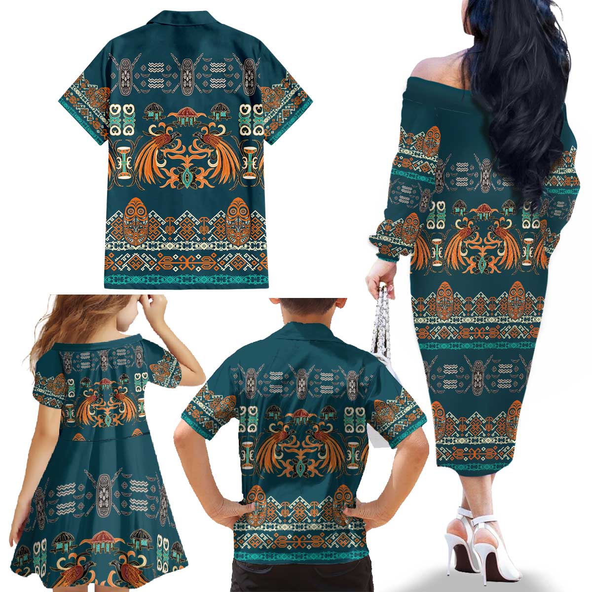 Dark Cyan Blue Batik Papua-inspired Pattern Family Matching Off The Shoulder Long Sleeve Dress and Hawaiian Shirt - Polynesian Pride
