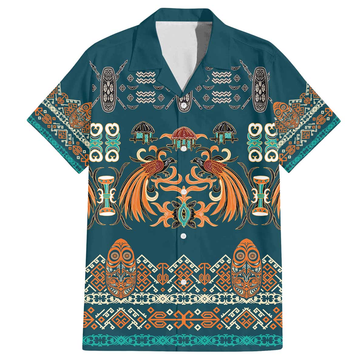 Dark Cyan Blue Batik Papua-inspired Pattern Family Matching Off The Shoulder Long Sleeve Dress and Hawaiian Shirt - Polynesian Pride