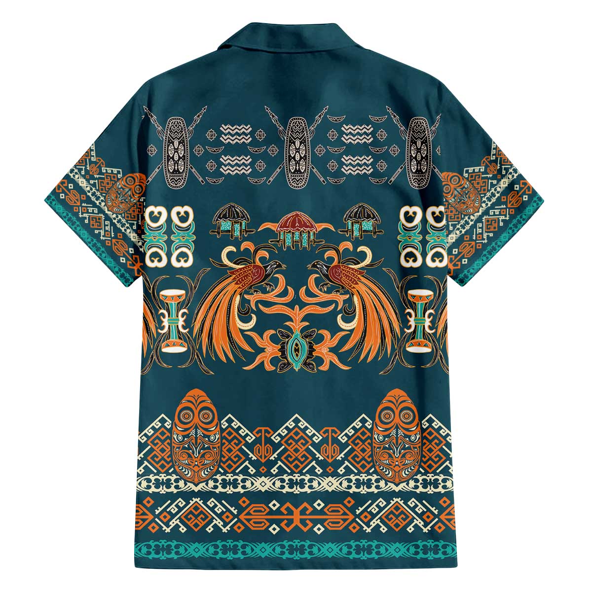 Dark Cyan Blue Batik Papua-inspired Pattern Family Matching Off The Shoulder Long Sleeve Dress and Hawaiian Shirt - Polynesian Pride