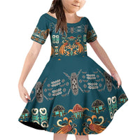 Dark Cyan Blue Batik Papua-inspired Pattern Family Matching Off Shoulder Short Dress and Hawaiian Shirt - Polynesian Pride