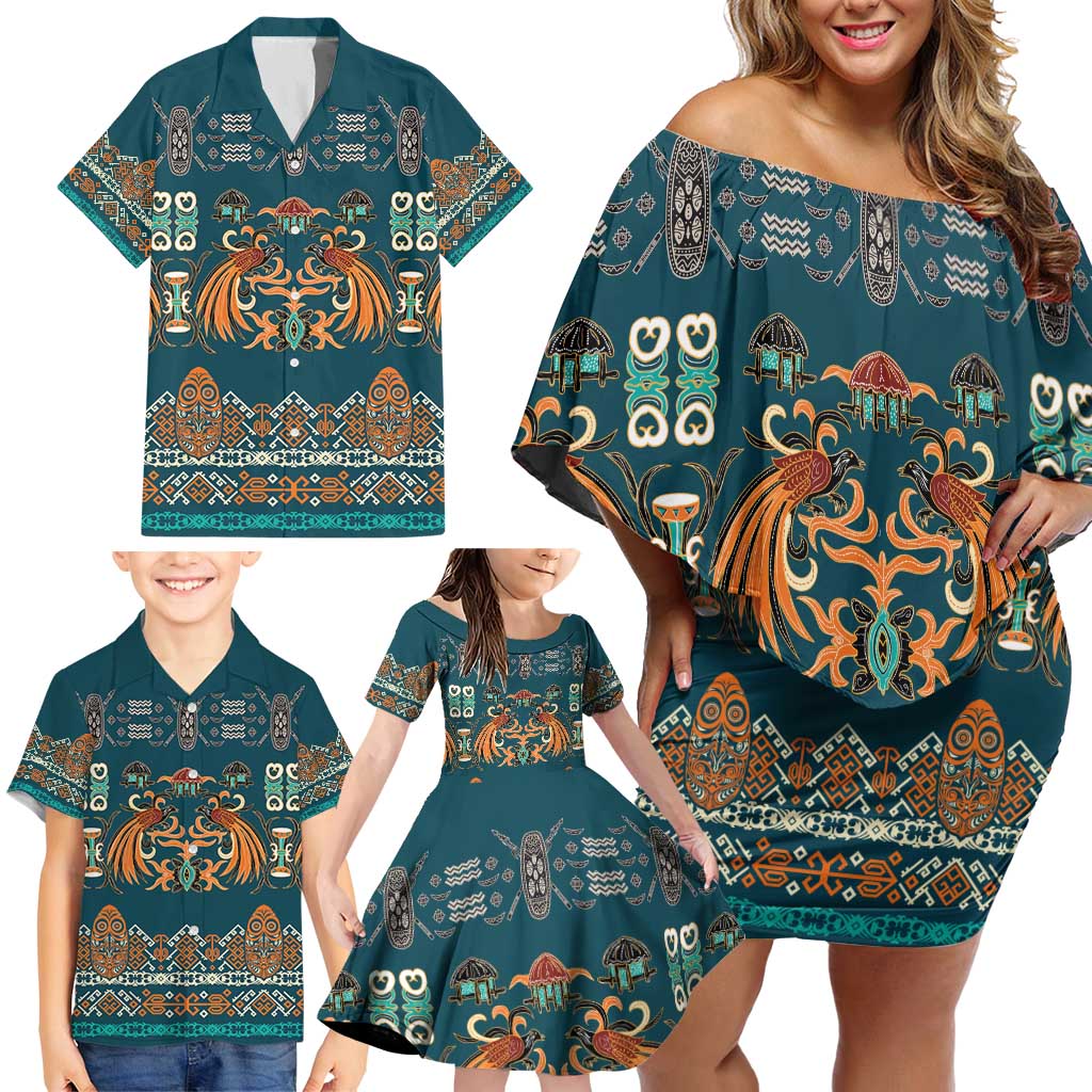 Dark Cyan Blue Batik Papua-inspired Pattern Family Matching Off Shoulder Short Dress and Hawaiian Shirt - Polynesian Pride