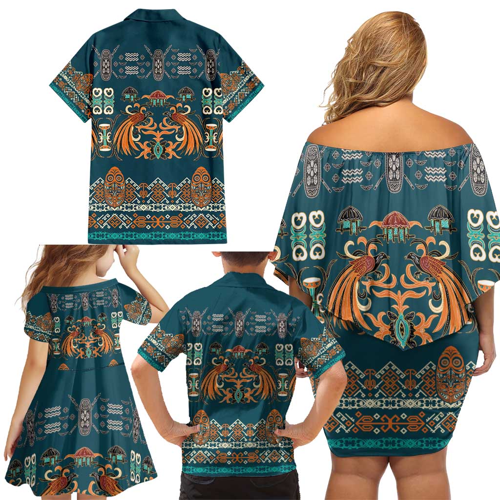 Dark Cyan Blue Batik Papua-inspired Pattern Family Matching Off Shoulder Short Dress and Hawaiian Shirt - Polynesian Pride