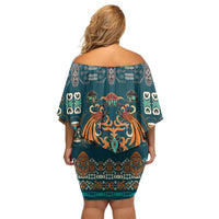 Dark Cyan Blue Batik Papua-inspired Pattern Family Matching Off Shoulder Short Dress and Hawaiian Shirt - Polynesian Pride