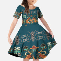 Dark Cyan Blue Batik Papua-inspired Pattern Family Matching Short Sleeve Bodycon Dress and Hawaiian Shirt - Polynesian Pride